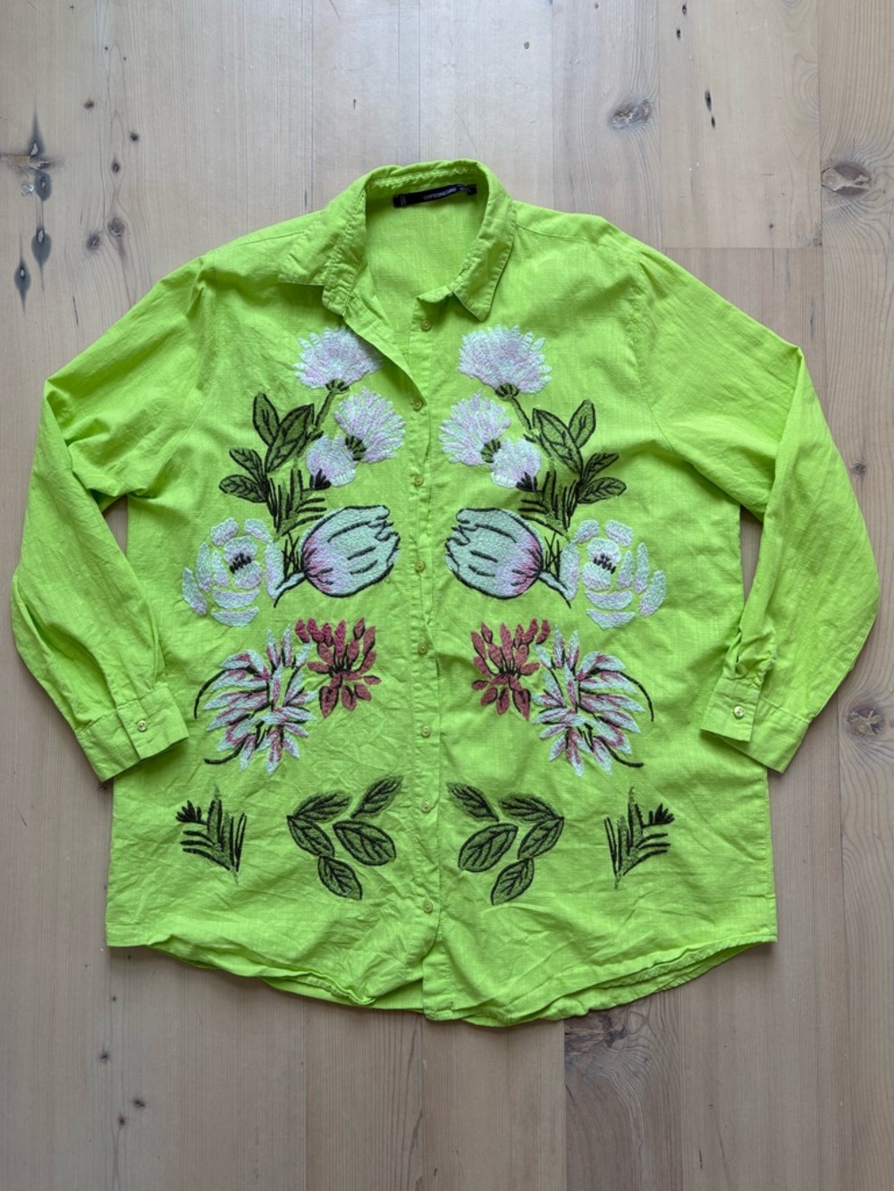 Green Linen Button Down with Pink Floral Embroidery - SEE SIZING NOTE